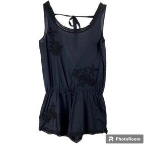 PILYQ Sleeveless Embroidered/Crochet Accent Romper in Dark Blue - Size M